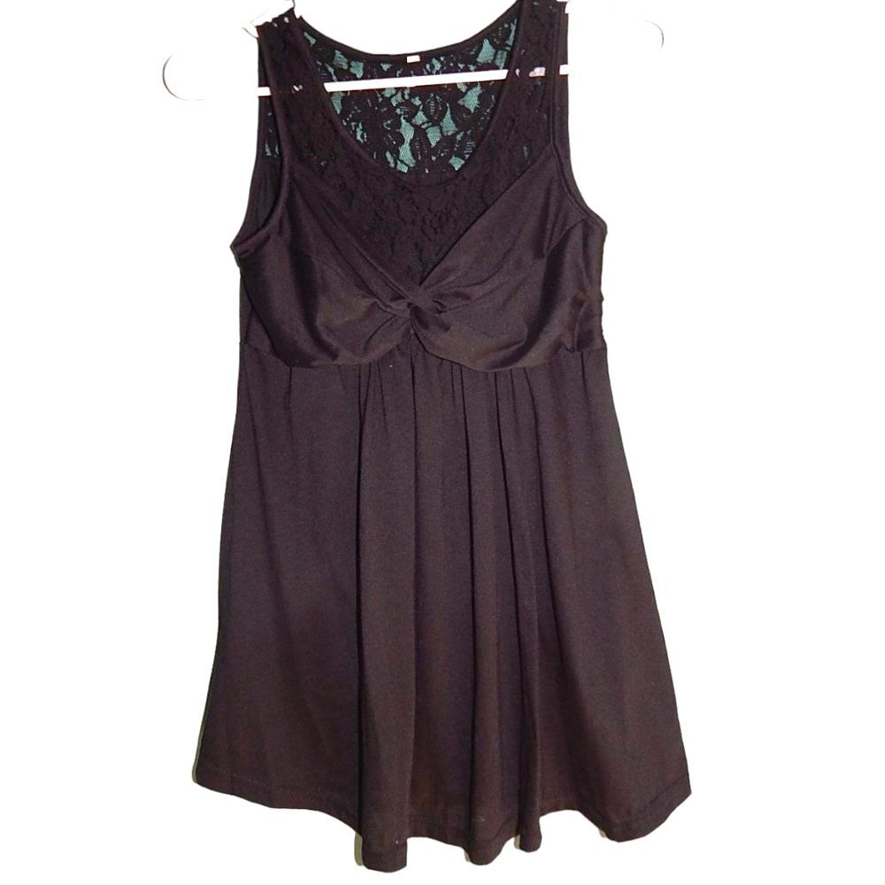 Women’s Small Black Faux‑Knot Flowy Tank Top with Floral Lace Detail